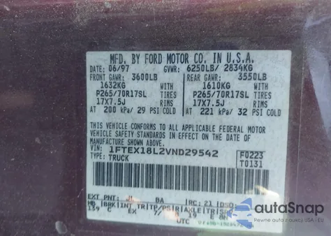 1997 Ford F-150 Lariat/Xl/Xlt from USA, damaged, VIN 1FTEX18L2VND29542